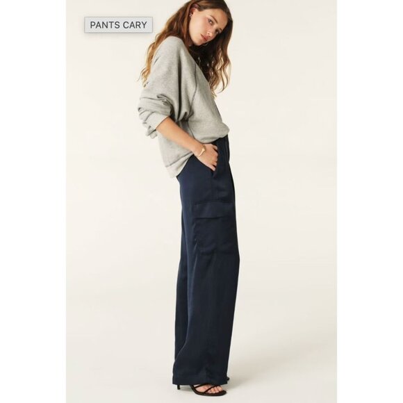 Ba&sh Cary Cargo Style Wide Leg Pants Deep Navy Blue Satin Sz 34/XS - Picture 2 of 13